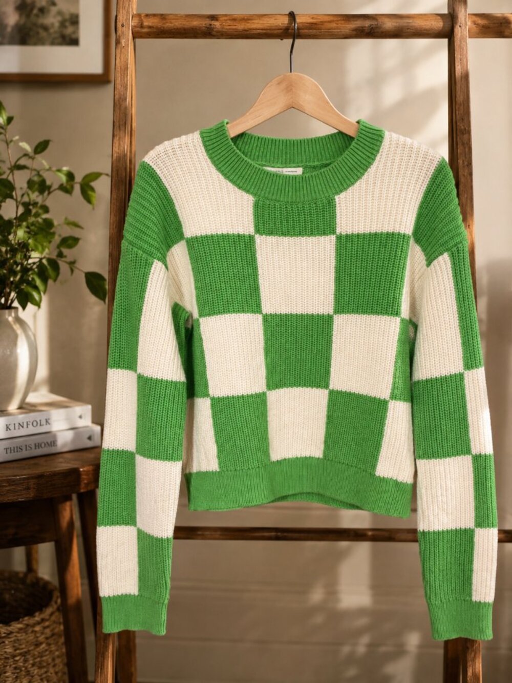 Grey Lab Green & White Checkerboard Knit Sweater – Size Medium